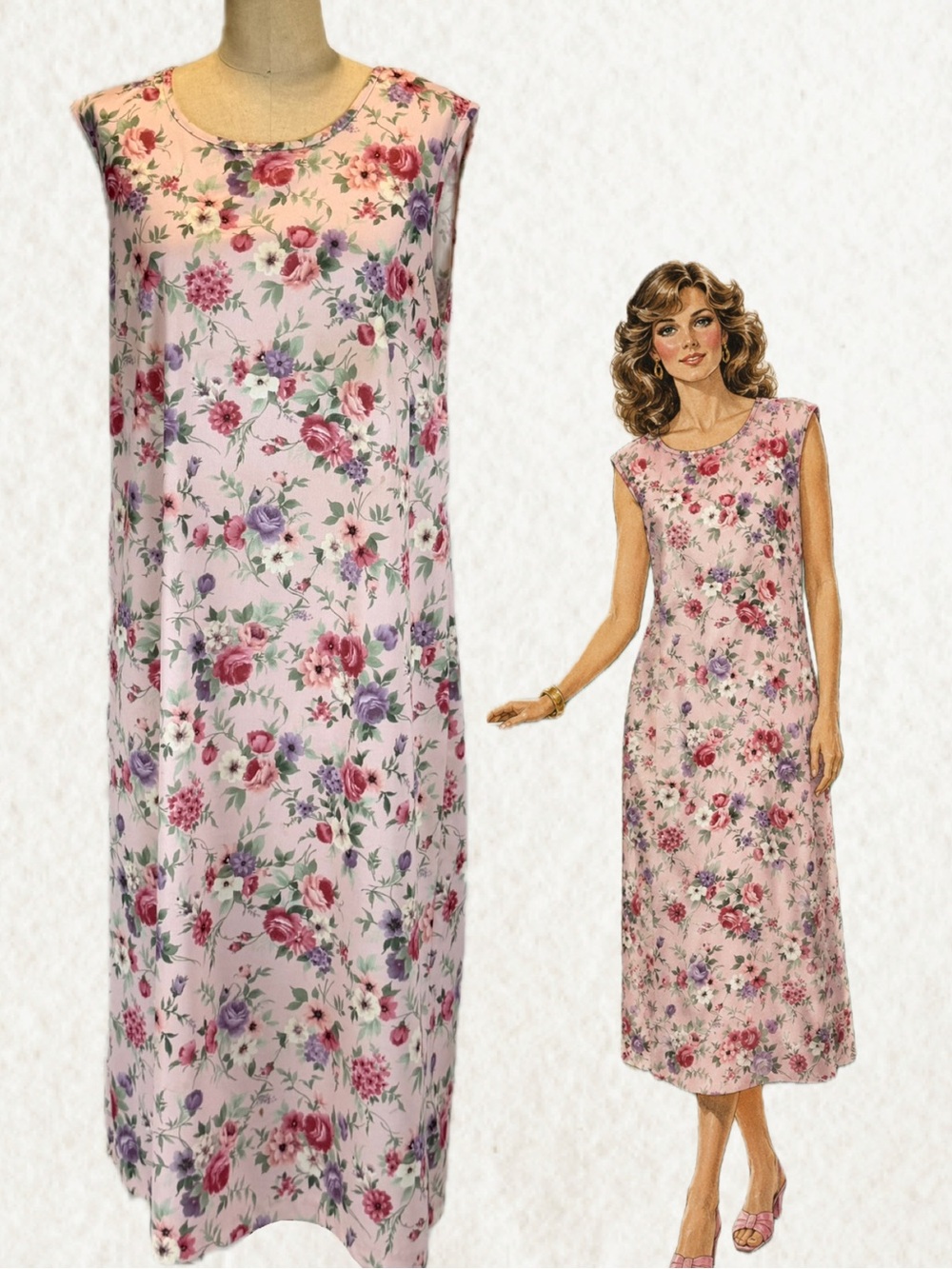 VINTAGE 80s flower garden dress midi sleeveless floral rose shabby chic sundress